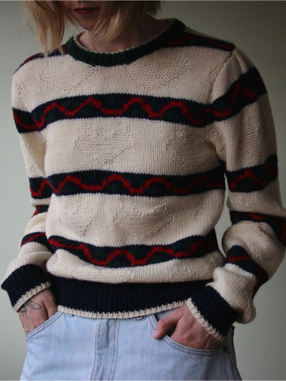 1990's SKYR Hand Knit Striped Heart Motif Wool Sweater